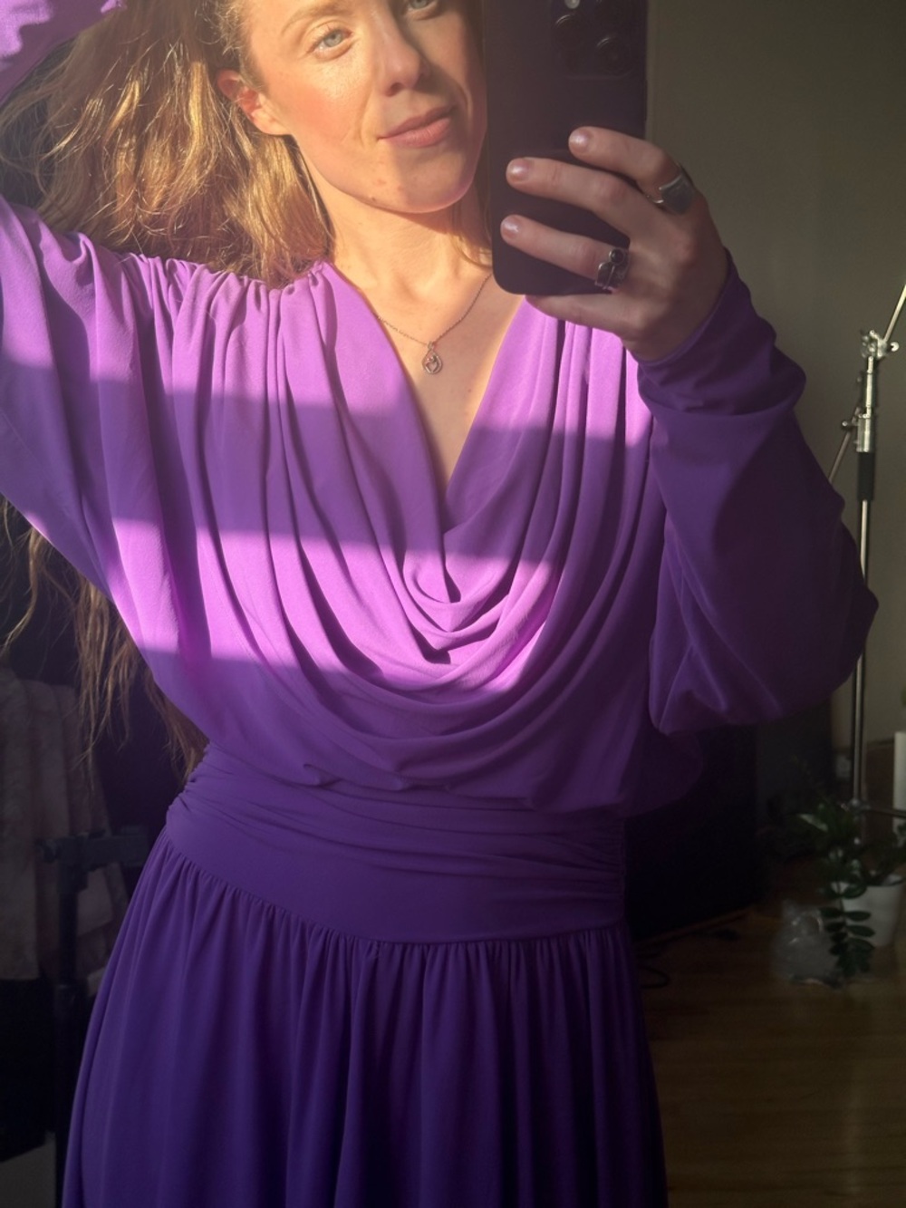 Vintage Purple Draped Long Sleeve Maxi Dress